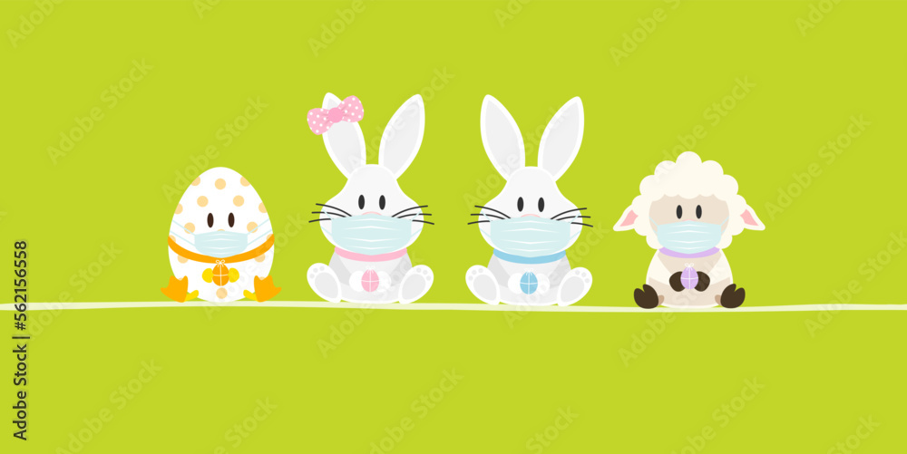 Osterei, 2 Weiße Osterhasen Mädchen/Junge & Schaf Maske Banner Grün Osterei, 2 Weiße Osterhasen Mädchen/Junge & Schaf Maske Banner Grün
