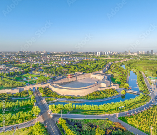Aerial photography of Changle Gate and Zhengding Food Street in Zhengding Ancient City Wall  Zhengding County  Shijiazhuang City  Hebei Province  China