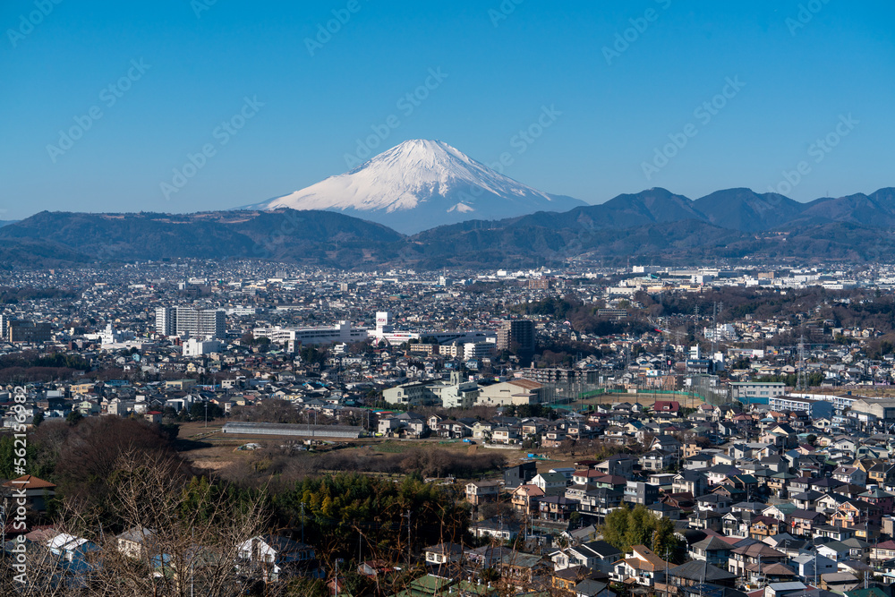 秦野市の街並みと富士山