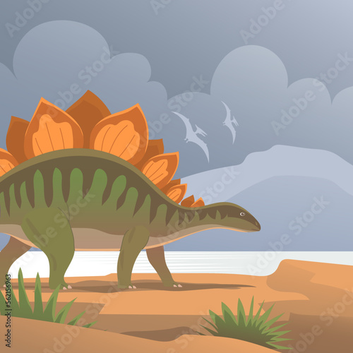 Stegosaurus with spikes on the tail. Herbivorous dinosaur of the Jurassic period. Prehistoric wildlife landscape. Cartoon vector illustration © Mikhail Ognev