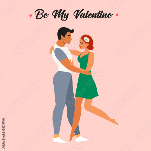 Illustration for Valentine's Day with a young couple in love. The guy and the girl smile and hug. cute lovers