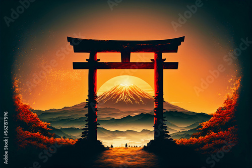 Mount Fuji and a traditional torii gate bathed in the warm glow of golden hour
