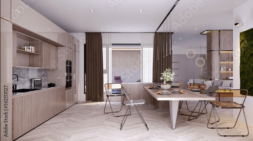 3d rendering 3d illustration  Interior Scene and  Mockup kitchen and dining room modern scandinavian style.