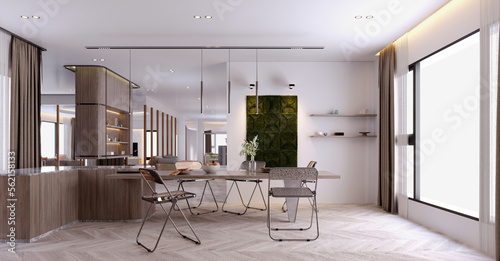 3d rendering 3d illustration  Interior Scene and  Mockup kitchen and dining room modern scandinavian style.