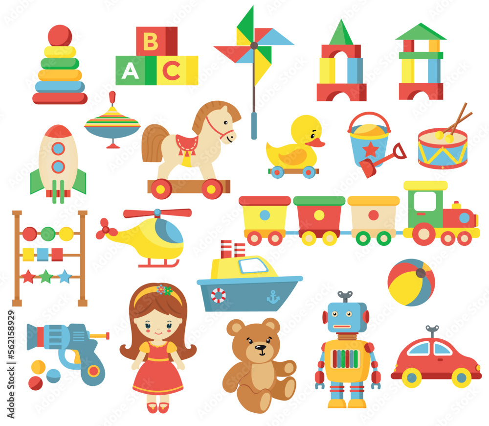 Vector collection of children's toys. Isolated on white background.