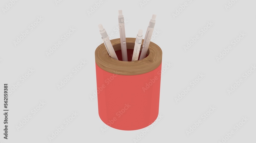 Pens, pencils, scissors and other tools in pencil holder isolated on white. Penholder isolated. 3d rendering. Pens, pencils, scissors and other tools in pencil holder isolated on white. Penholder isolated. 3d rendering.