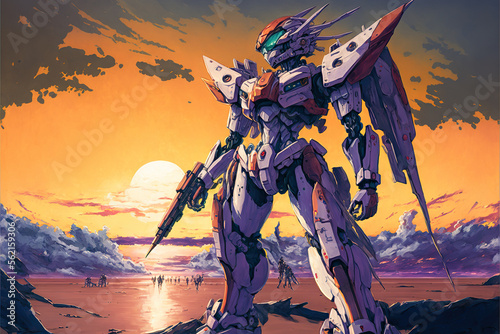 a giant mecha robot with gun standing near a lake on the sunset, in background clouds and creatures illustration generative ai