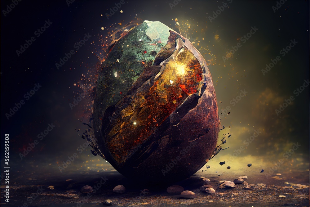 Egg-shaped magical stone and glowing particles. Fantasy art. Generative AI
