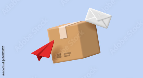 3D vector cardboard box icon with red paper plane and letter envelope, post office promo banner