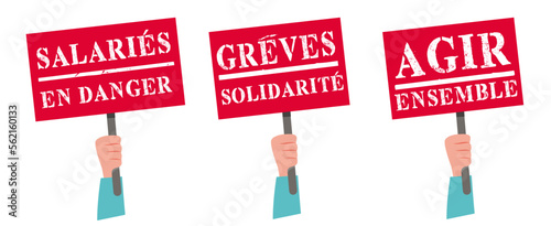 Pancartes manifestation, main tenant pancarte, agir ensemble, grèves et solidarité, salarié en danger