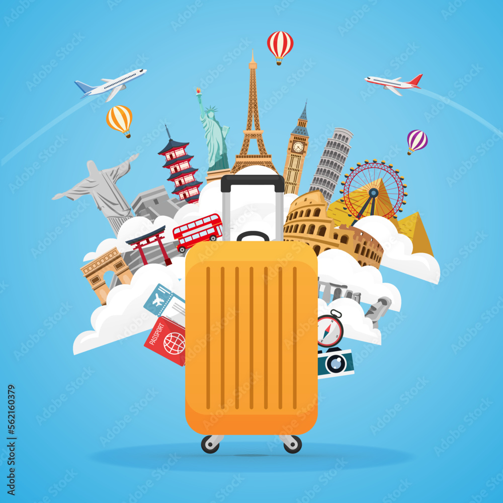 Travel around the world with famous landmarks on luggage. road trip