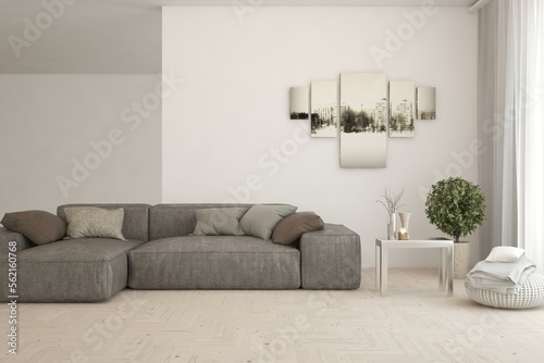 White living room with sofa. Scandinavian interior design. 3D illustration