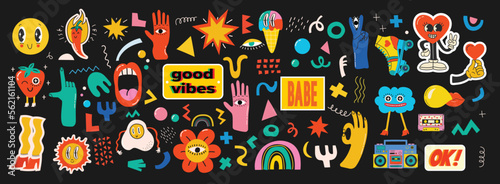 Hand drawn Vector illustrations of Set of Various retro patches, pins, stamps or stickers with abstract funny cute comic characters.