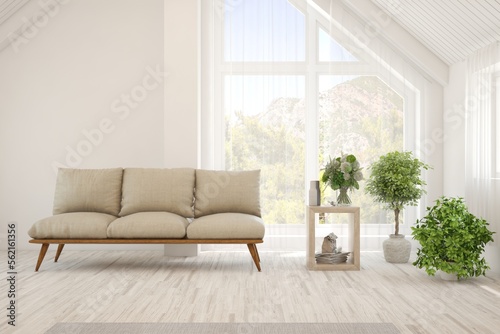 White living room with sofa and summer landscape in window. Scandinavian interior design. 3D illustration