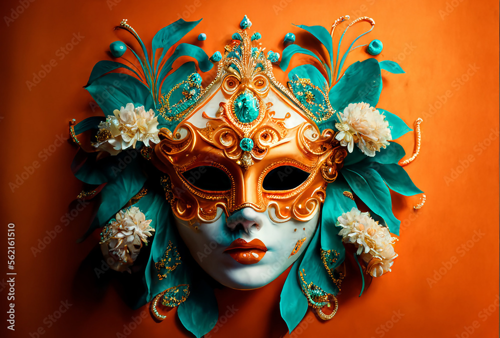 Vector Illustration. Orange Golden carnival mask with feathers. 
