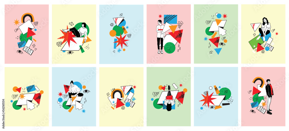 Outline characters, people in different poses and various geometric shapes and colorful abstract figures. Different mood, positions. Hand drawn vector illustration