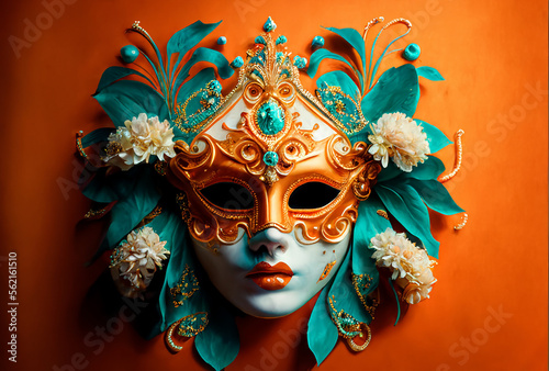 Vector Illustration. Orange Golden carnival mask with feathers. 