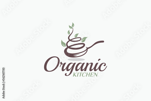 organic kitchen logo with a combination of wok and organic plants.