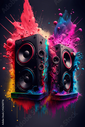 Modern speakers with colorful splash backgrounds. Generative Ai.