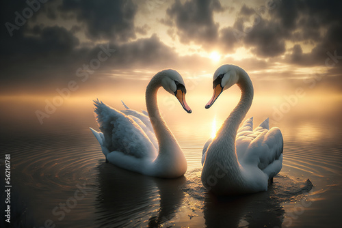 Fototapeta Naklejka Na Ścianę i Meble -  romantic image of two swans on the lake at sunset. Generative AI