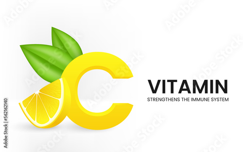 Vitamin C effervescent soluble pills with lemon flavor. Realistic lemon sliced with green leaf, sour fresh fruit, bright yellow zest. Vector realistic poster of Vitamin C complex for medicine.