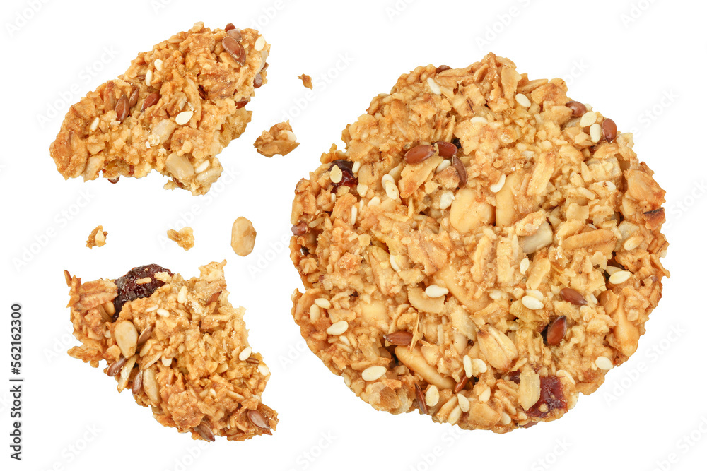 Granola cookie isolated on white background with full depth of field. Top view. Flat lay. Granola cookie isolated on white background with full depth of field. Top view. Flat lay.