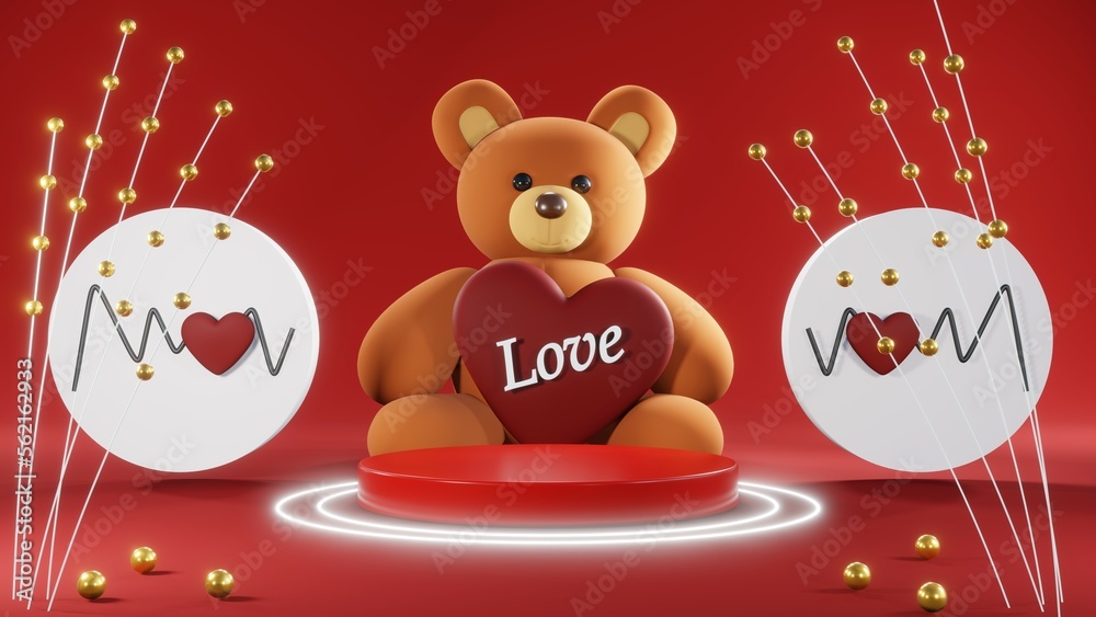 Fototapeta premium 3D rendering of red podium for Valentine products on Valentine's Day.