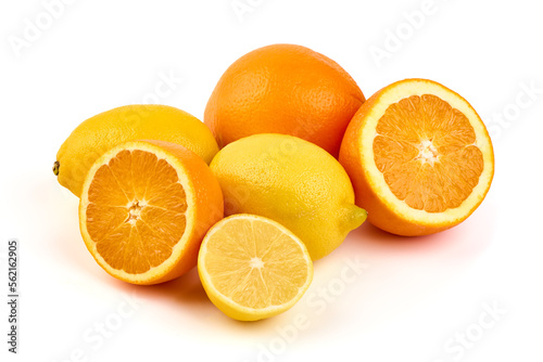 Composition of fresh lemons and oranges  isolated on white background.