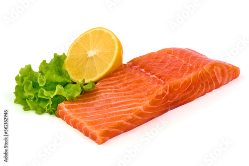 Fresh salmon fillets with lemon isolated on white background.