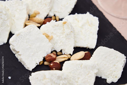 Portuguese cheese. Plate with pieces of cheese from Sierra de la Estrella