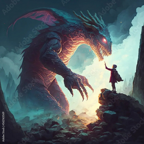 scene of a wizard reaching their hand out to a dragon, standing on the rock, digital art style, illustration painting
