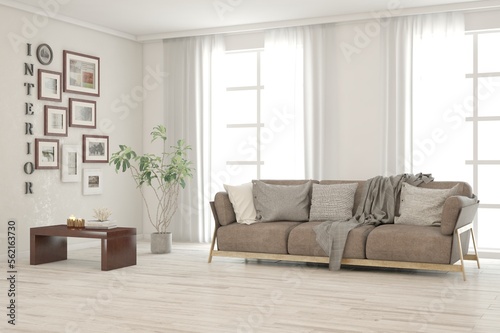 Stylish room in white color with sofa. Scandinavian interior design. 3D illustration