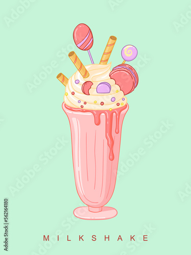 Cute milkshake poster. Vector sweet cold drink on mint background.