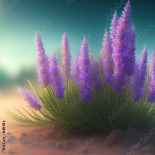 Generative AI: Fresh lavender  flower scolored in shades of lilac close up in the meadow photo