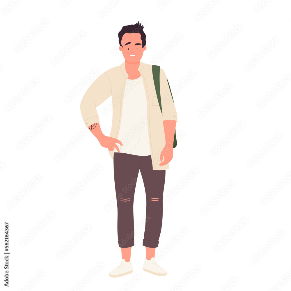 Male student with blinking face. Standing cool teenager, school pupil posing vector illustration