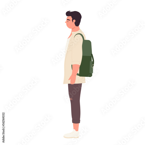 Side view of standing male student. Teenager boy with school backpack vector illustration
