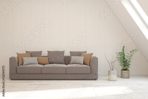 White living room with sofa. Scandinavian interior design. 3D illustration