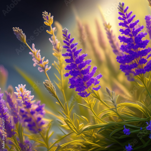 Generative AI  Fresh lavender  flower scolored in shades of lilac close up in the meadow