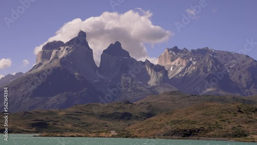 view from a catamaran to Paine Horns or Cuernos del Paine in Torres del Paine National Park 	 photo