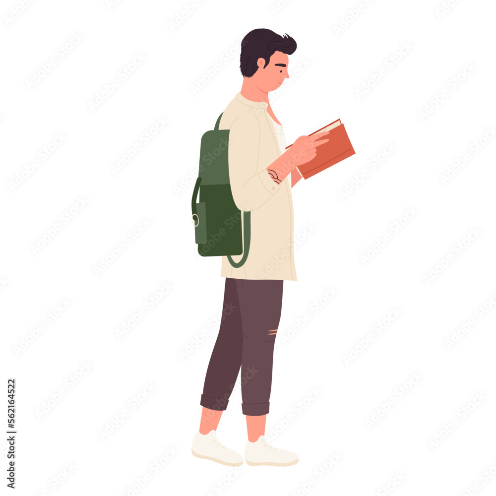 Standing pose of reading student. School male pupil, teenager learning vector illustration Standing pose of reading student. School male pupil, teenager learning vector illustration