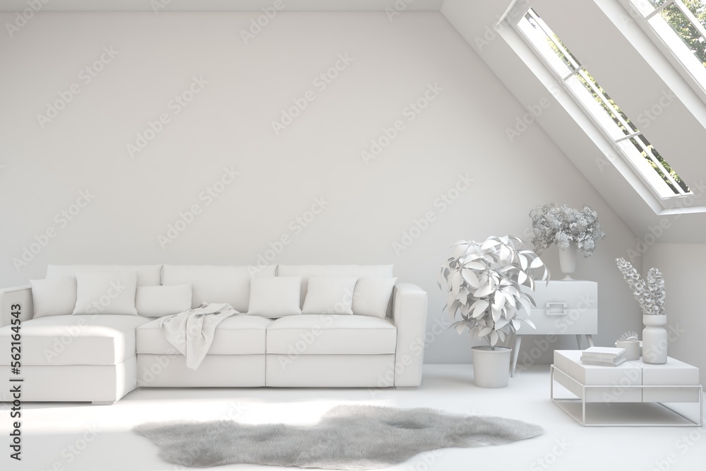 Fototapeta premium Mock up of stylish room in white color with sofa. Scandinavian interior design. 3D illustration