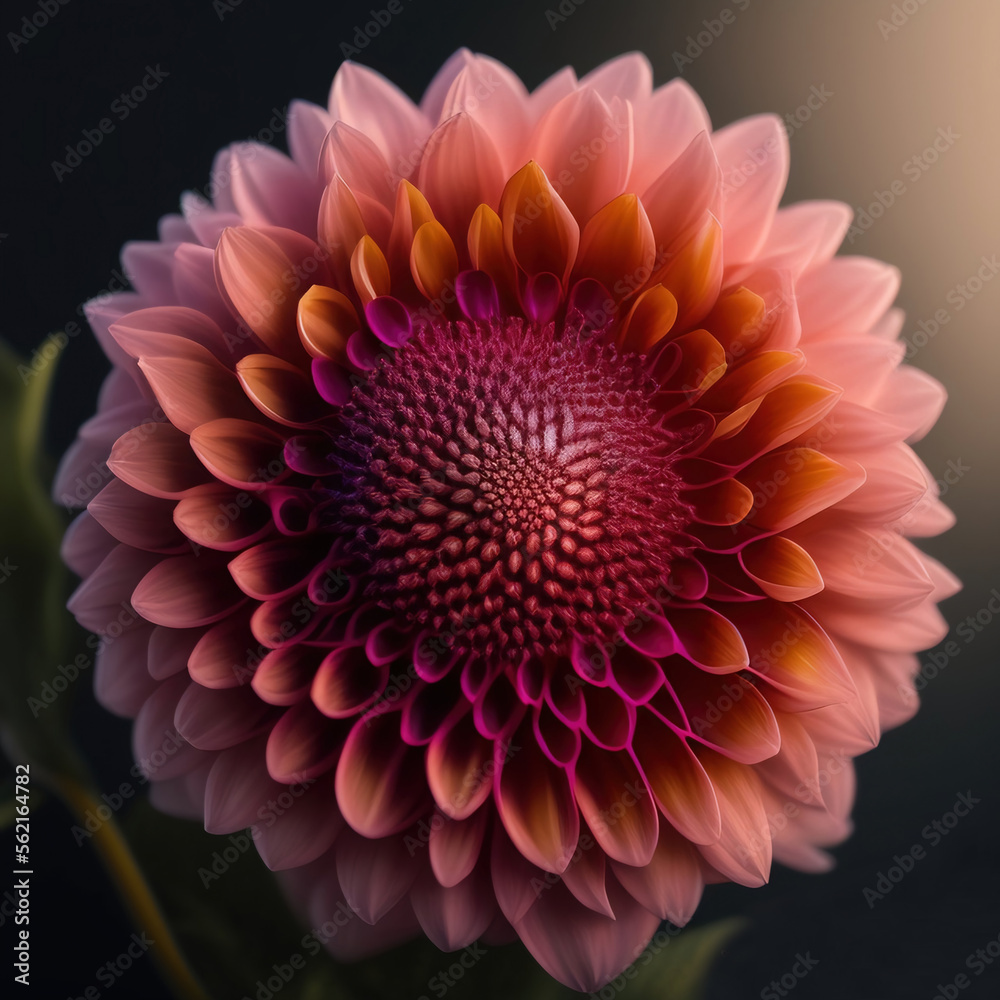 Generative AI: Fresh dahlia flower scolored in shades of orange close up in the meadow Generative AI: Fresh dahlia flower scolored in shades of orange close up in the meadow