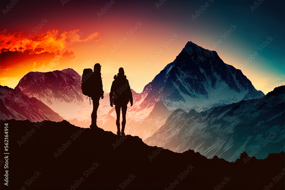 Man and woman silhouette on top of mountains viewing a beautiful sunset ...