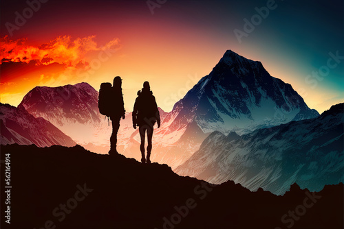 Man and woman silhouette on top of mountains viewing a beautiful sunset  generative ai