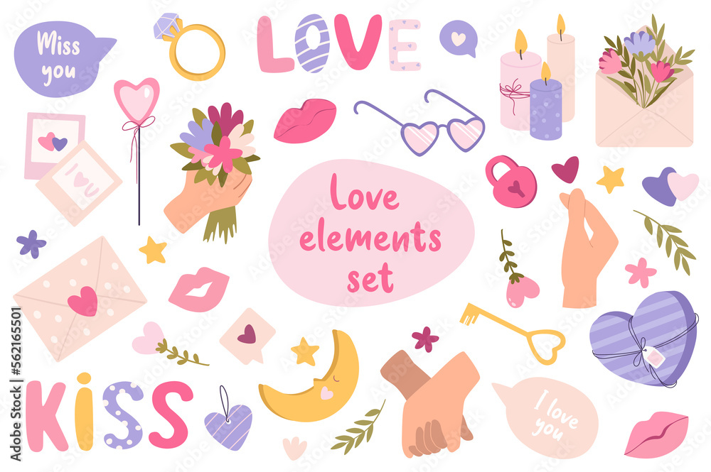 Love and romantic isolated elements set in flat design. Bundle of hearts, proposal rings, chat bubbles, photo, gift, flowers, kiss, glasses, candles, letter, valentines and other.