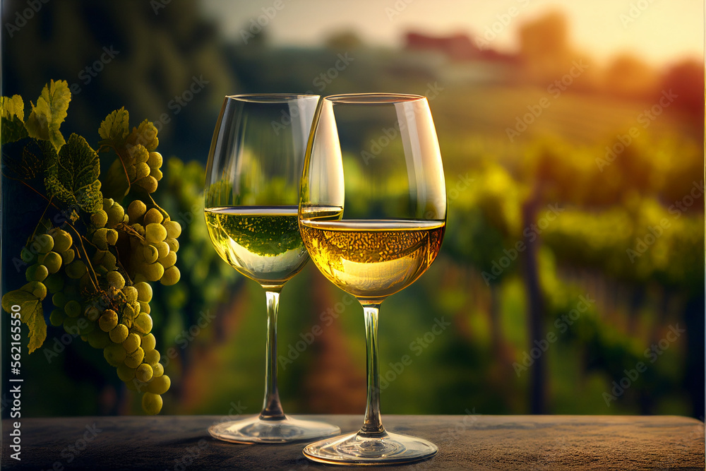 Two glasses of white wine in the background of a vineyard. AI generated.