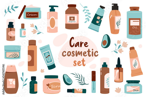 Care cosmetics isolated elements set in flat design. Bundle of various organic creams or lotions in different tubes and jars, natural shampoo sprays and other skincare products.