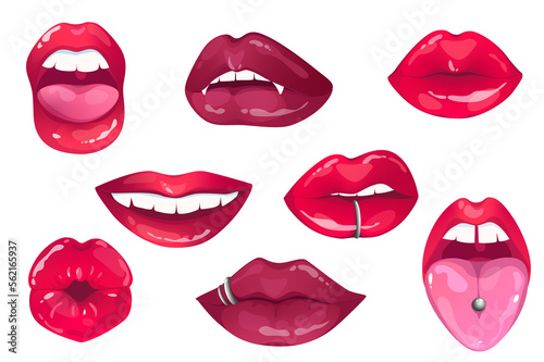 Female red lips isolated elements set in flat design. Bundle of women mouth with with different expressions of emotions  piercing  vampire fangs  protruding tongue and other.