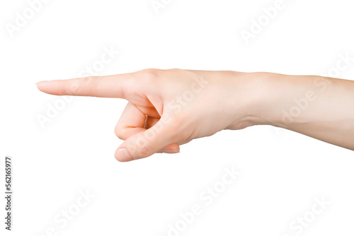 Pointing finger. Woman hand showing, pointing or touching something. Isolated png with transparency