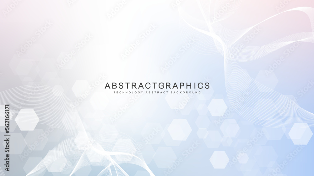 Modern scientific background with hexagons, lines and dots. Wave flow abstract background. Molecular structure for medical, technology, chemistry, science. Vector illustration - obrazy, fototapety, plakaty 